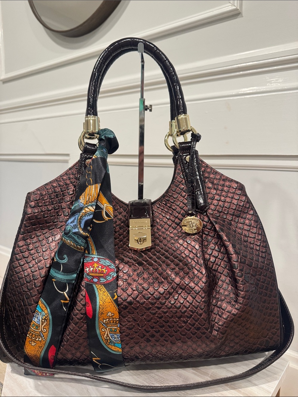 Brahmin Bag Elisa Brown Purple Python Embossed Satchel with Matching Pouch - Picture 4 of 17